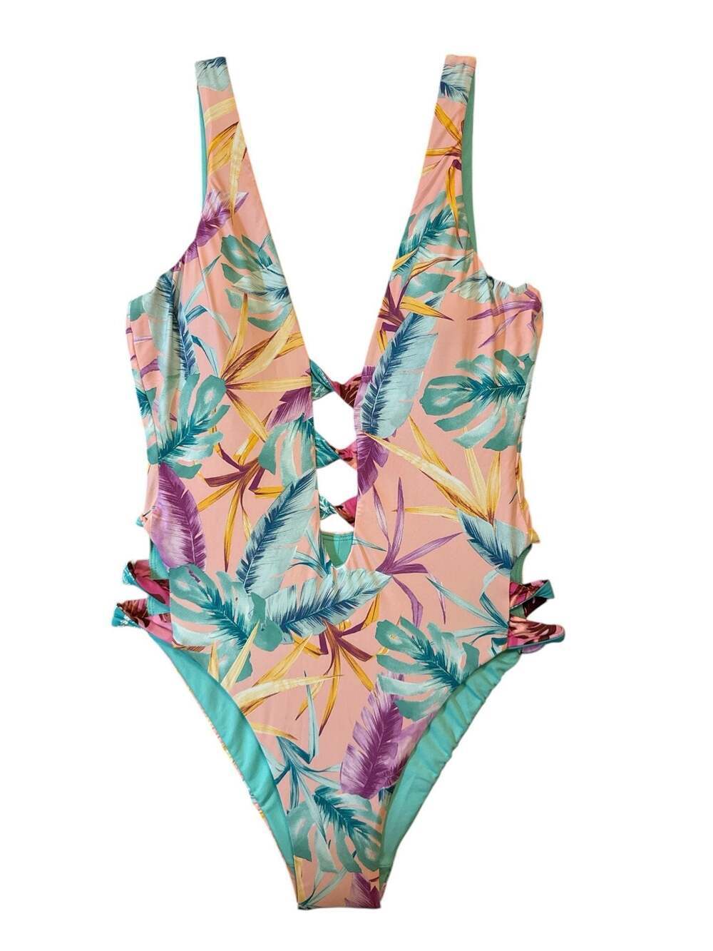 bar III Tropical Leaf Print Cut-Out Plunge One-Piece Swimsuit